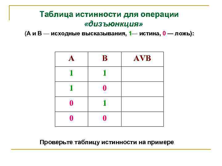 Таблица истинности для операции «дизъюнкция» (А и В — исходные высказывания, 1— истина, 0