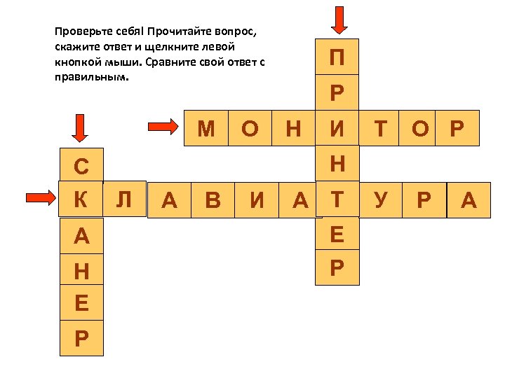 Проверьте себя! Прочитайте вопрос, скажите ответ и щелкните левой кнопкой мыши. Сравните свой ответ