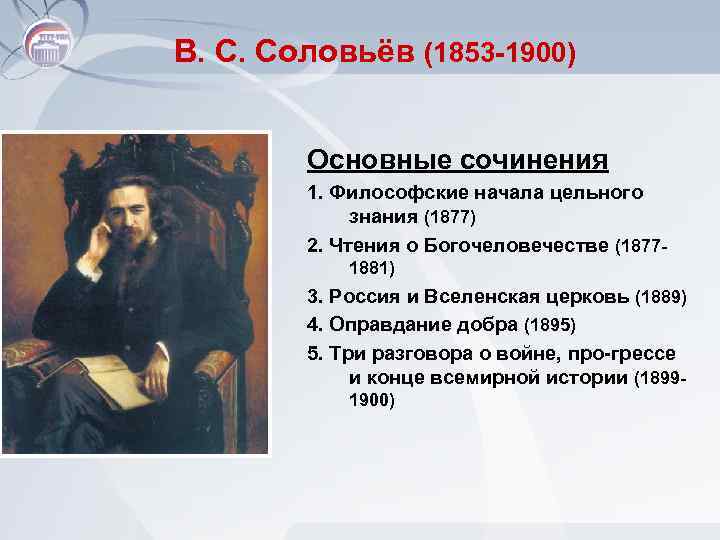 В. С. Соловьёв (1853 -1900) Основные сочинения 1. Философские начала цельного знания (1877) 2.