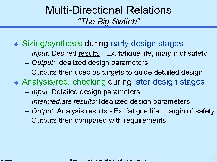 Multi-Directional Relations “The Big Switch” u Sizing/synthesis during early design stages – Input: Desired