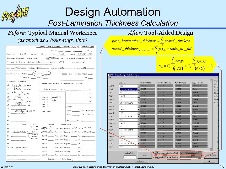 Design Automation Post-Lamination Thickness Calculation Before: Typical Manual Worksheet After: Tool-Aided Design (as much
