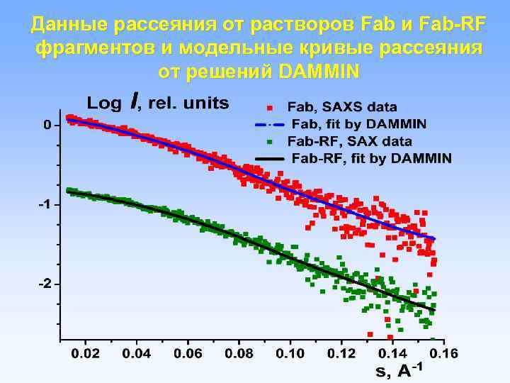 Данные рассеяния от растворов Fab и Fab-RF фрагментов и модельные кривые рассеяния от решений