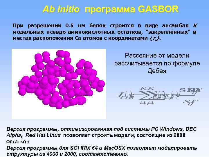 Ab initio программа GASBOR При разрешении 0. 5 нм белок строится в виде ансамбля