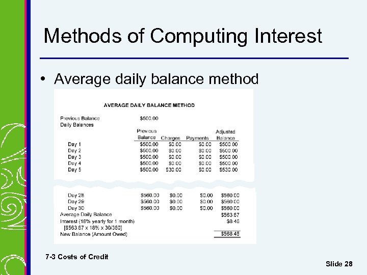 Methods of Computing Interest • Average daily balance method 7 -3 Costs of Credit