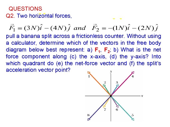 QUESTIONS Q 2. Two horizontal forces, pull a banana split across a frictionless counter.