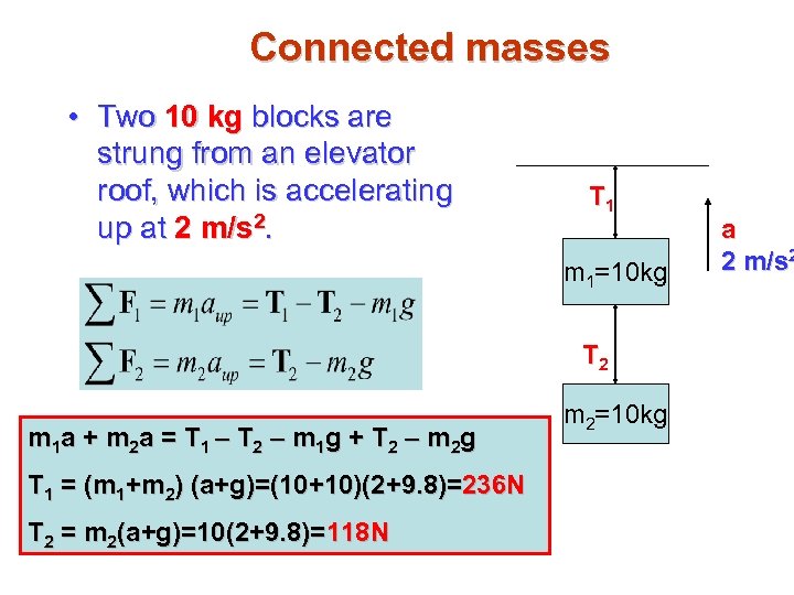 Connected masses • Two 10 kg blocks are strung from an elevator roof, which