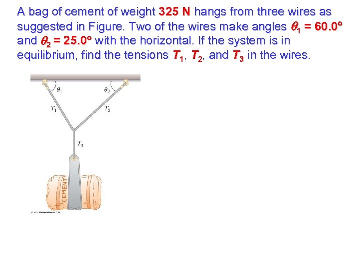 A bag of cement of weight 325 N hangs from three wires as suggested