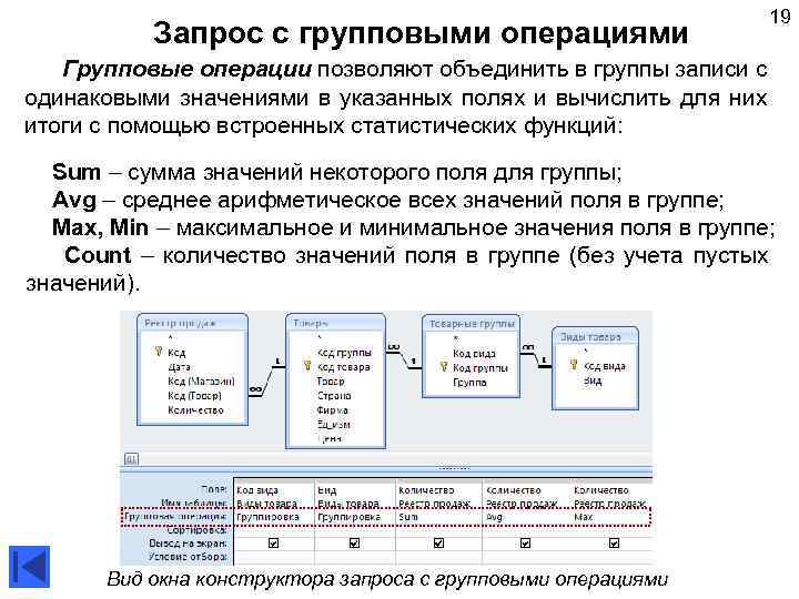  Запрос с групповыми операциями 19 Групповые операции позволяют объединить в группы записи с