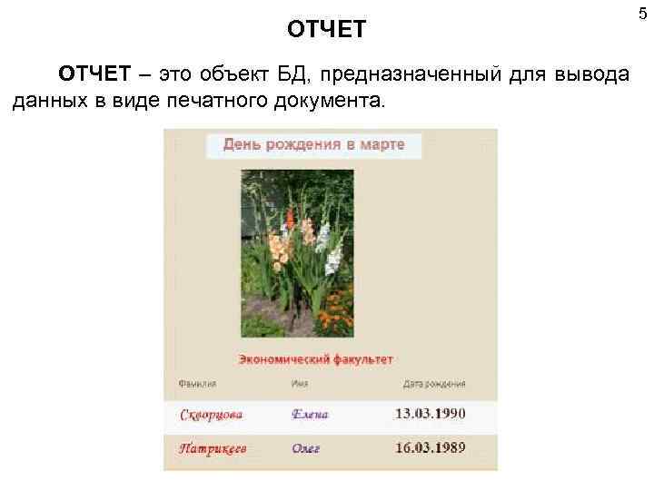 ОТЧЕТ – это объект БД, предназначенный для вывода данных в виде печатного документа. 5