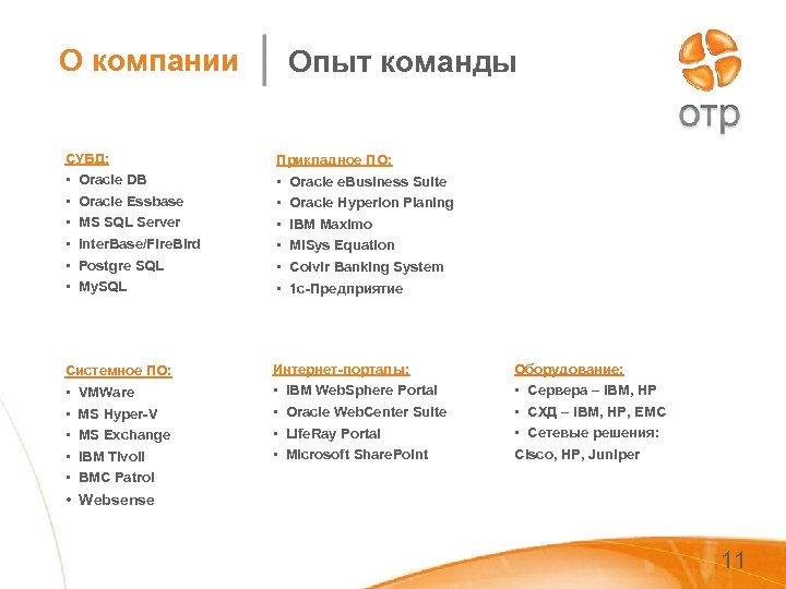 О компании Опыт команды СУБД: Прикладное ПО: • • • Oracle DB Oracle Essbase