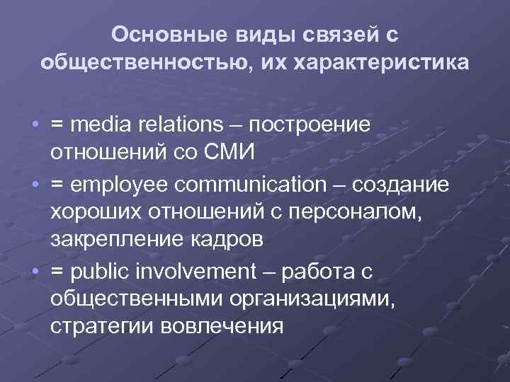 Основные виды связей с общественностью, их характеристика • = media relations – построение отношений