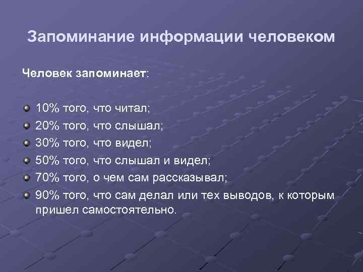 Запоминание информации человеком Человек запоминает: 10% того, что читал; 20% того, что слышал; 30%