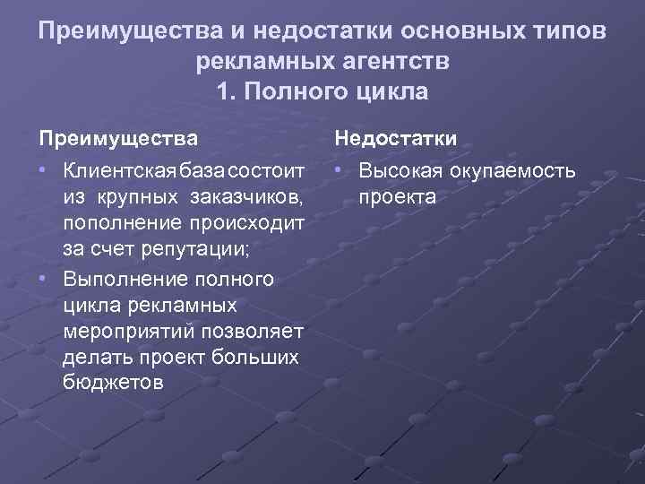 Преимущества и недостатки основных типов рекламных агентств 1. Полного цикла Преимущества • Клиентская база