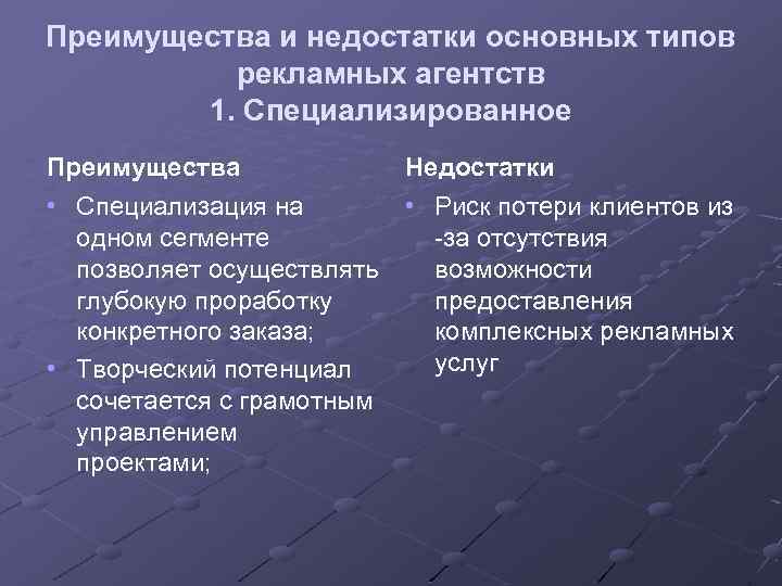 Преимущества и недостатки основных типов рекламных агентств 1. Специализированное Преимущества Недостатки • Специализация на