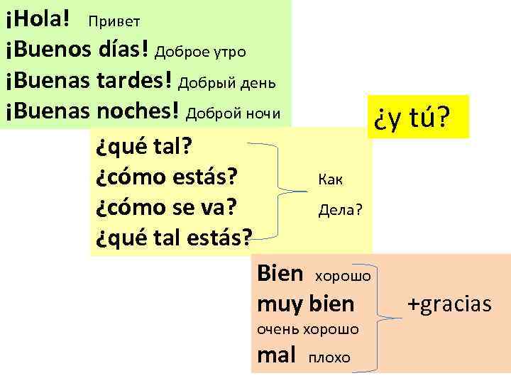 ¡Hola! Привет ¡Buenos días! Доброе утро ¡Buenas tardes! Добрый день ¡Buenas noches! Доброй ночи