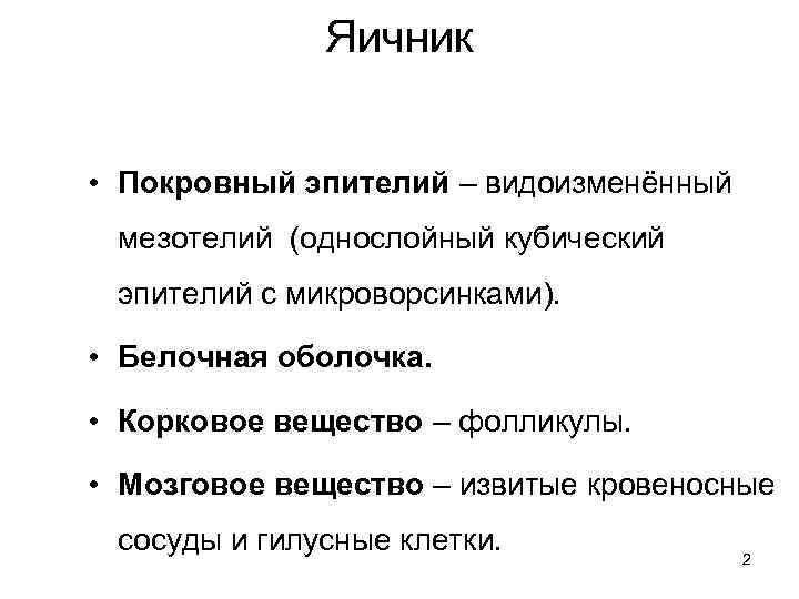 Яичник • Покровный эпителий – видоизменённый мезотелий (однослойный кубический эпителий с микроворсинками). • Белочная