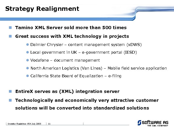 Strategy Realignment n Tamino XML Server sold more than 500 times n Great success