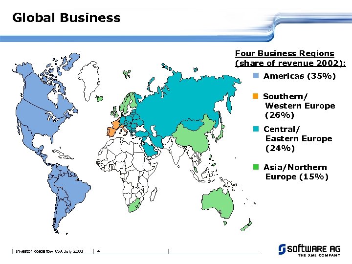 Global Business Four Business Regions (share of revenue 2002): n Americas (35%) n Southern/