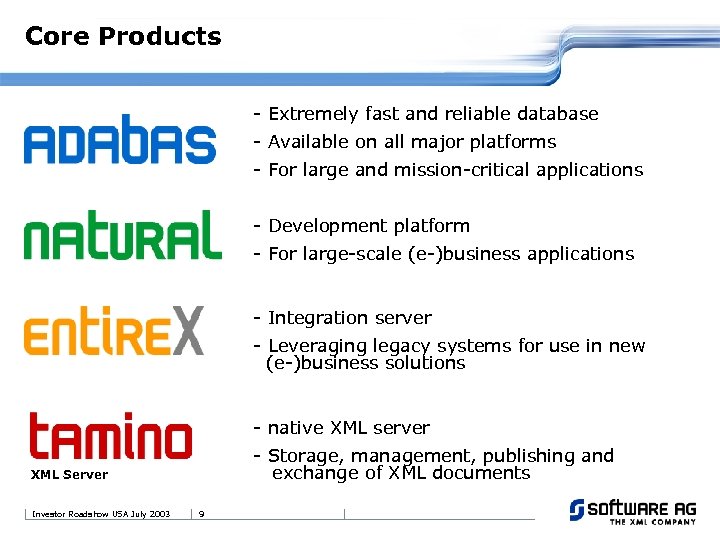 Core Products - Extremely fast and reliable database - Available on all major platforms