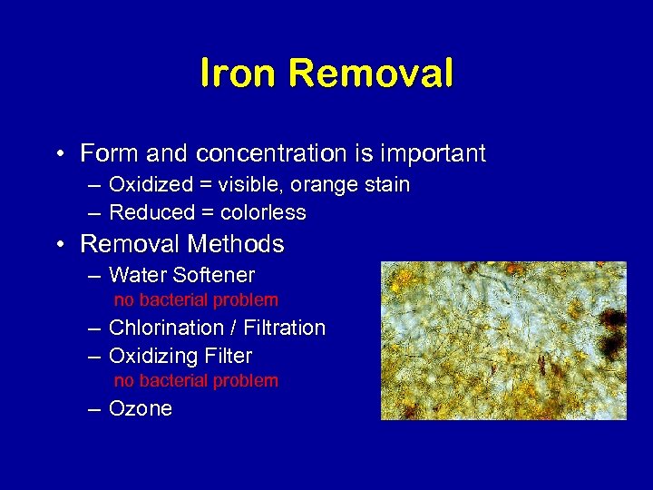 Iron Removal • Form and concentration is important – Oxidized = visible, orange stain