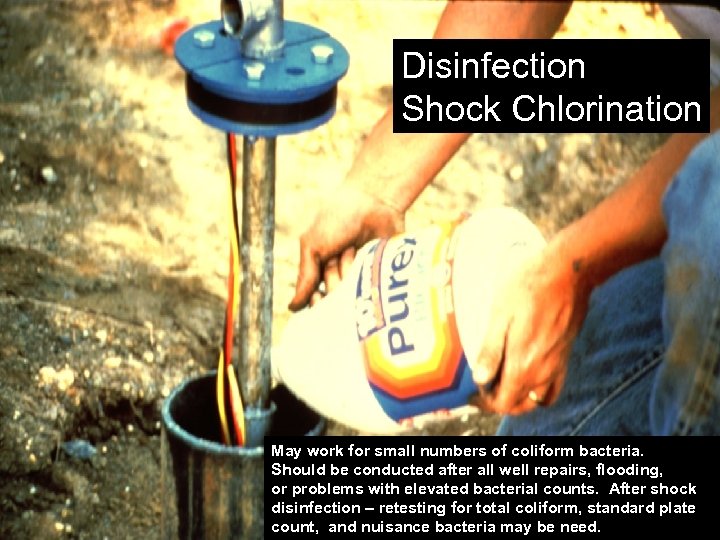 Disinfection Shock Chlorination May work for small numbers of coliform bacteria. Should be conducted