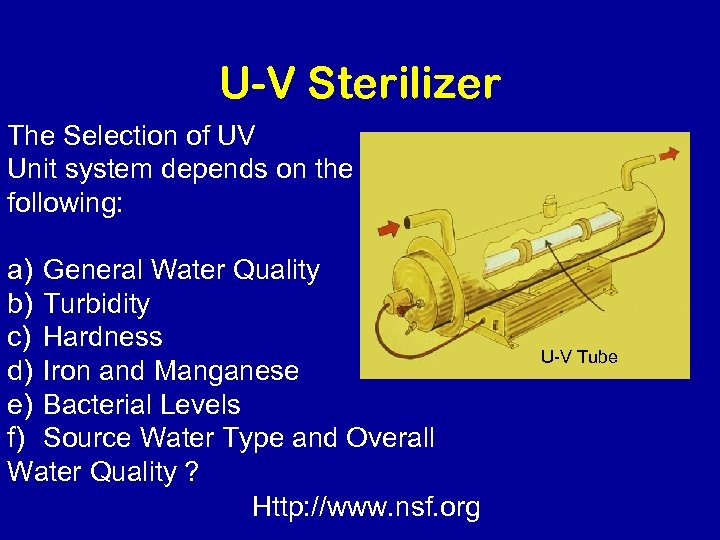 U-V Sterilizer The Selection of UV Unit system depends on the following: a) General