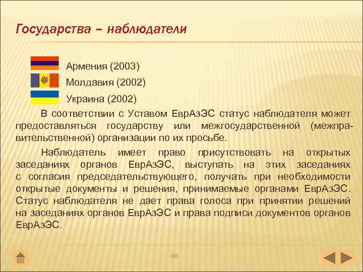 Государства – наблюдатели Армения (2003) Молдавия (2002) Украина (2002) В соответствии с Уставом Евр.