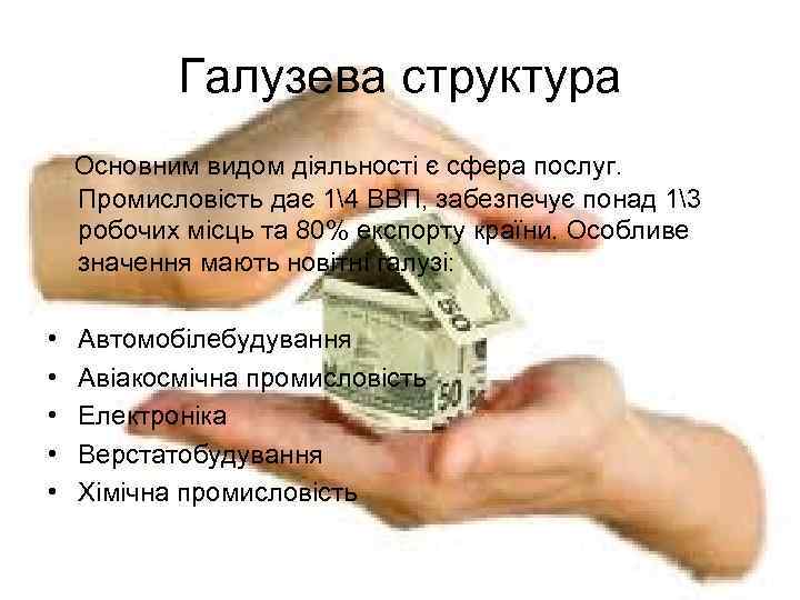 Галузева структура Основним видом діяльності є сфера послуг. Промисловість дає 14 ВВП, забезпечує понад