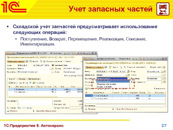 Учет запасных частей § Складской учет запчастей предусматривает использование следующих операций: • Поступление, Возврат,