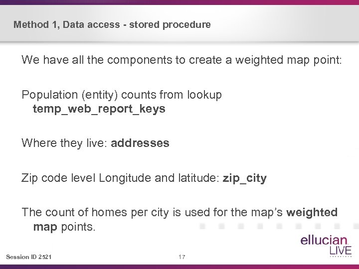 Method 1, Data access - stored procedure We have all the components to create