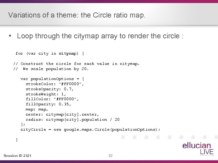 Variations of a theme: the Circle ratio map. • Loop through the citymap array