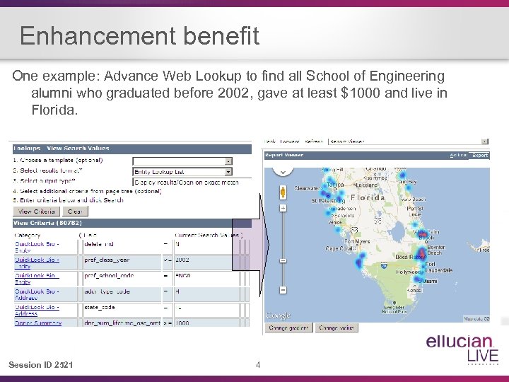 Enhancement benefit One example: Advance Web Lookup to find all School of Engineering alumni