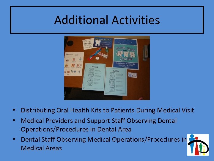 Additional Activities • Distributing Oral Health Kits to Patients During Medical Visit • Medical