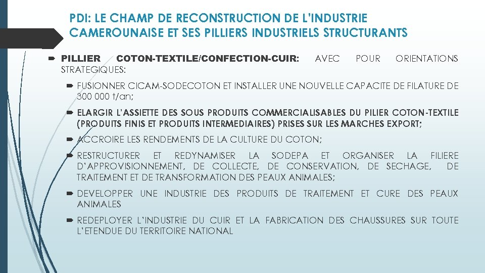 PDI: LE CHAMP DE RECONSTRUCTION DE L’INDUSTRIE CAMEROUNAISE ET SES PILLIERS INDUSTRIELS STRUCTURANTS PILLIER