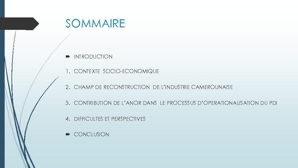 SOMMAIRE INTRODUCTION 1. CONTEXTE SOCIO-ECONOMIQUE 2. CHAMP DE RECONSTRUCTION DE L’INDUSTRIE CAMEROUNAISE 3. CONTRIBUTION