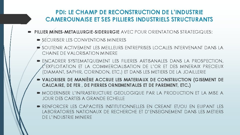 PDI: LE CHAMP DE RECONSTRUCTION DE L’INDUSTRIE CAMEROUNAISE ET SES PILLIERS INDUSTRIELS STRUCTURANTS PILLIER