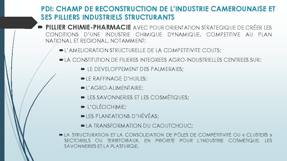 PDI: CHAMP DE RECONSTRUCTION DE L’INDUSTRIE CAMEROUNAISE ET SES PILLIERS INDUSTRIELS STRUCTURANTS PILLIER CHIMIE-PHARMACIE
