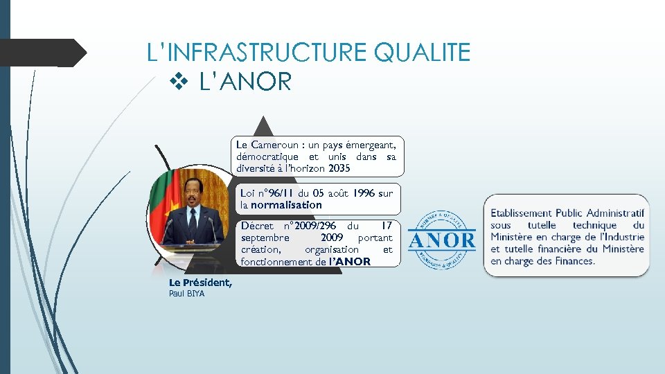 L’INFRASTRUCTURE QUALITE v L’ANOR Le Cameroun : un pays émergeant, démocratique et unis dans