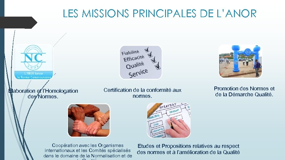 LES MISSIONS PRINCIPALES DE L’ANOR Élaboration et l’Homologation des Normes. Certification de la conformité