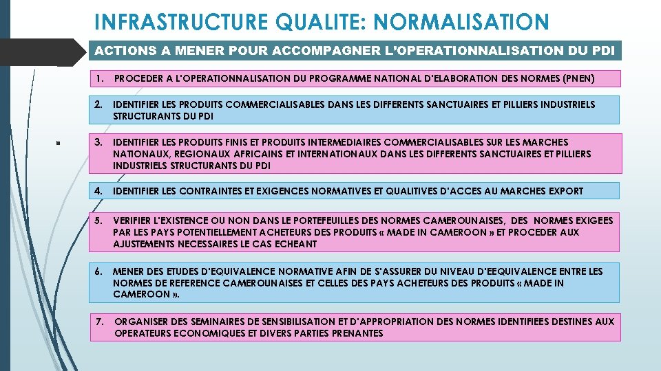 INFRASTRUCTURE QUALITE: NORMALISATION ACTIONS A MENER POUR ACCOMPAGNER L’OPERATIONNALISATION DU PDI 1. PROCEDER A