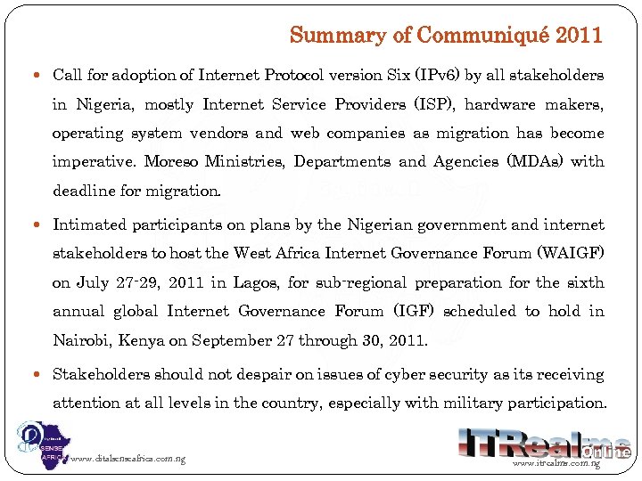 Summary of Communiqué 2011 Call for adoption of Internet Protocol version Six (IPv 6)