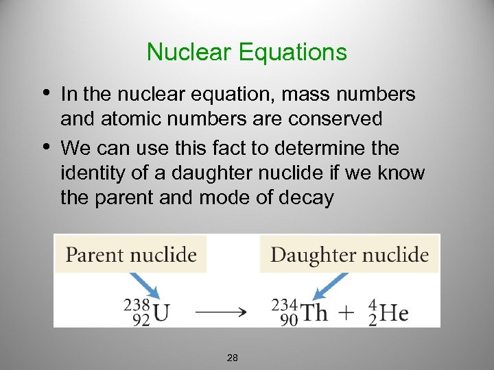 Nuclear Equations • In the nuclear equation, mass numbers • and atomic numbers are