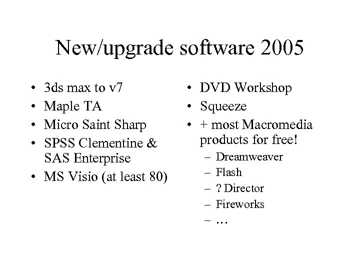 New/upgrade software 2005 • • 3 ds max to v 7 Maple TA Micro
