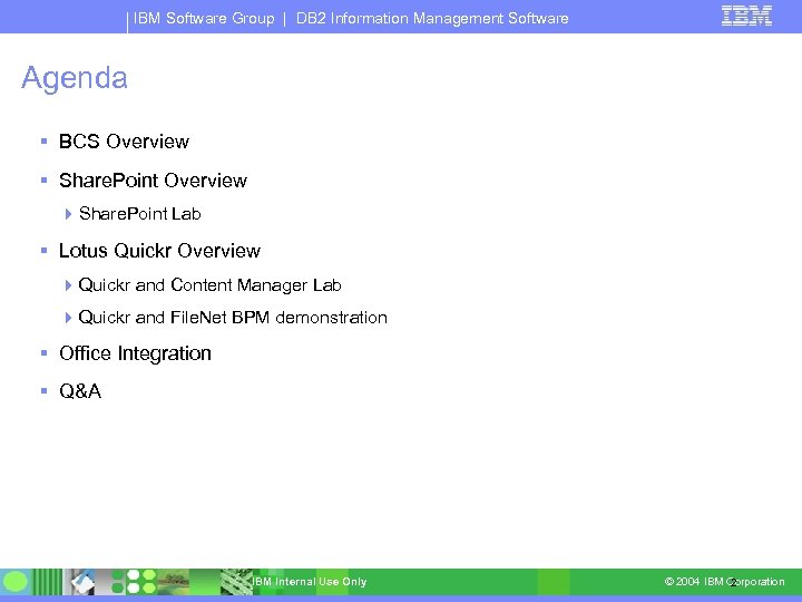 IBM Software Group | DB 2 Information Management Software Agenda BCS Overview Share. Point