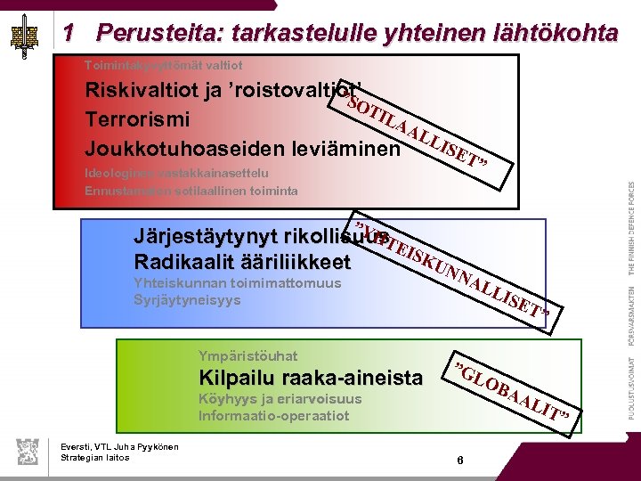 1 Perusteita: tarkastelulle yhteinen lähtökohta Toimintakyvyttömät valtiot Riskivaltiot ja ’roistovaltiot’ ”SO TIL Terrorismi AA