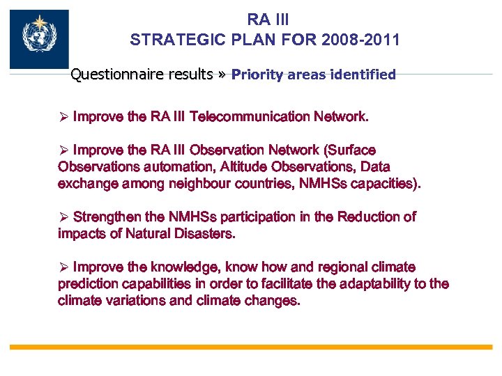RA III STRATEGIC PLAN FOR 2008 -2011 Questionnaire results » Priority areas identified Ø