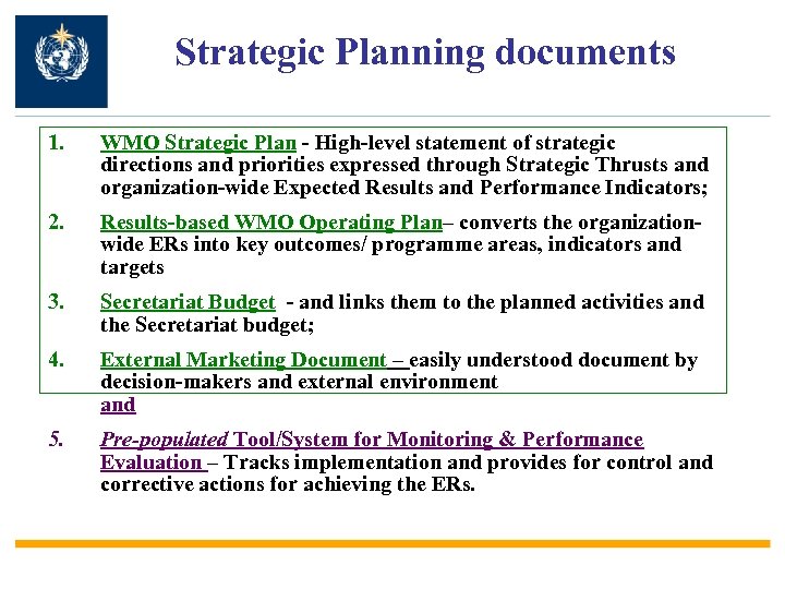 Strategic Planning documents 1. WMO Strategic Plan - High-level statement of strategic directions and