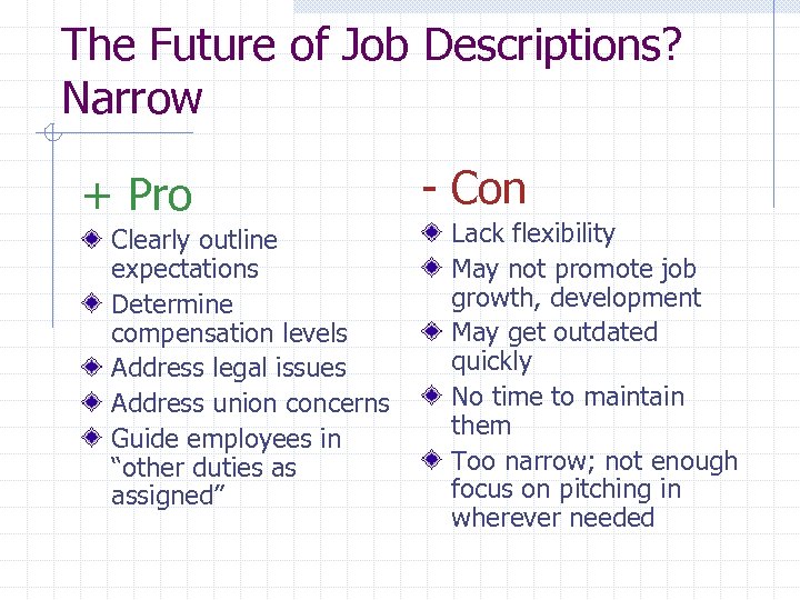 The Future of Job Descriptions? Narrow + Pro Clearly outline expectations Determine compensation levels