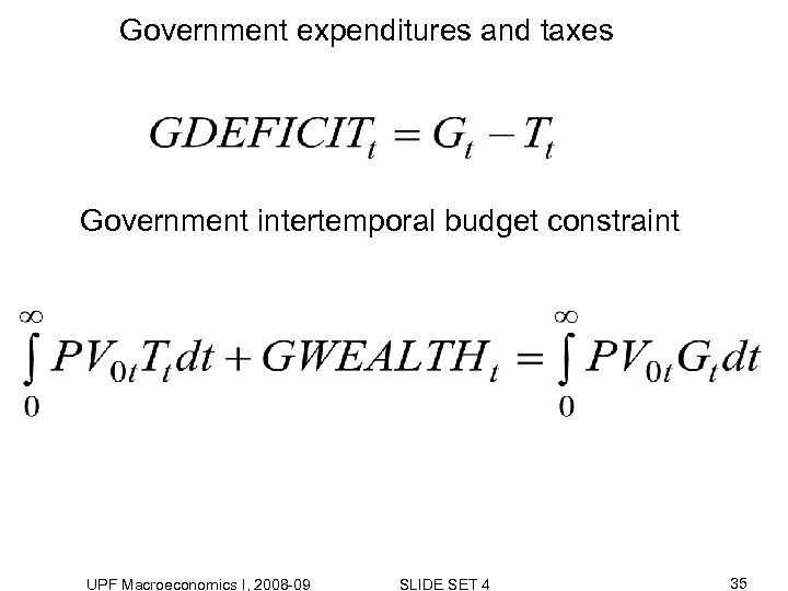 Government expenditures and taxes Government intertemporal budget constraint UPF Macroeconomics I, 2008 -09 SLIDE
