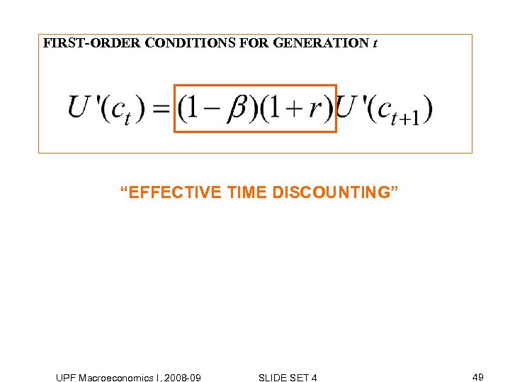 FIRST-ORDER CONDITIONS FOR GENERATION t “EFFECTIVE TIME DISCOUNTING” UPF Macroeconomics I, 2008 -09 SLIDE